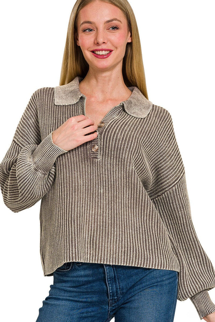 Zenana Washed Collared Henley Shirt Style Ribbed Sweater