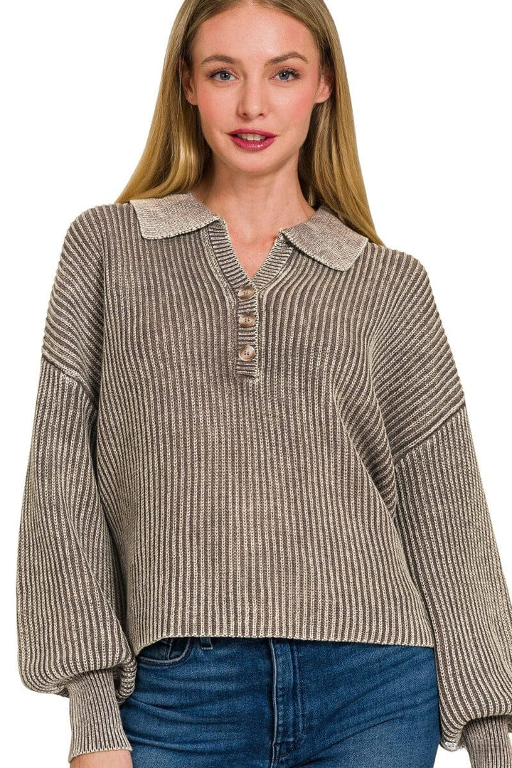 Zenana Washed Collared Henley Shirt Style Ribbed Sweater