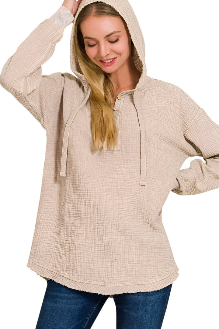 Zenana Washed Double Gauze Button Closure Hoodie