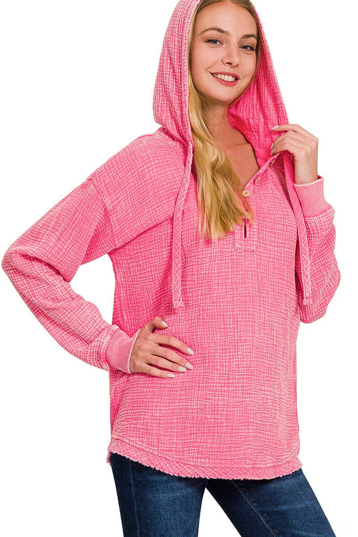 Zenana Washed Double Gauze Button Closure Hoodie