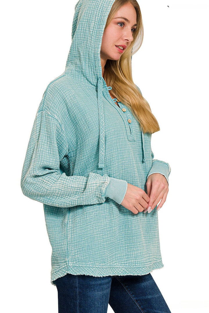 Zenana Washed Double Gauze Button Closure Hoodie