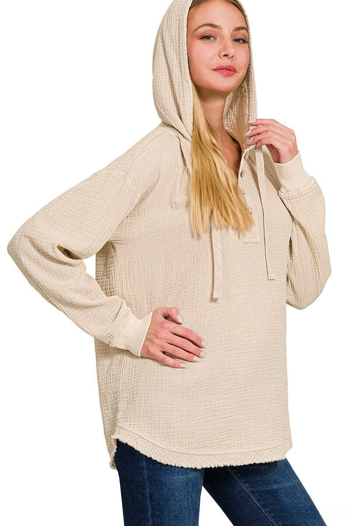 Zenana Washed Double Gauze Button Closure Hoodie