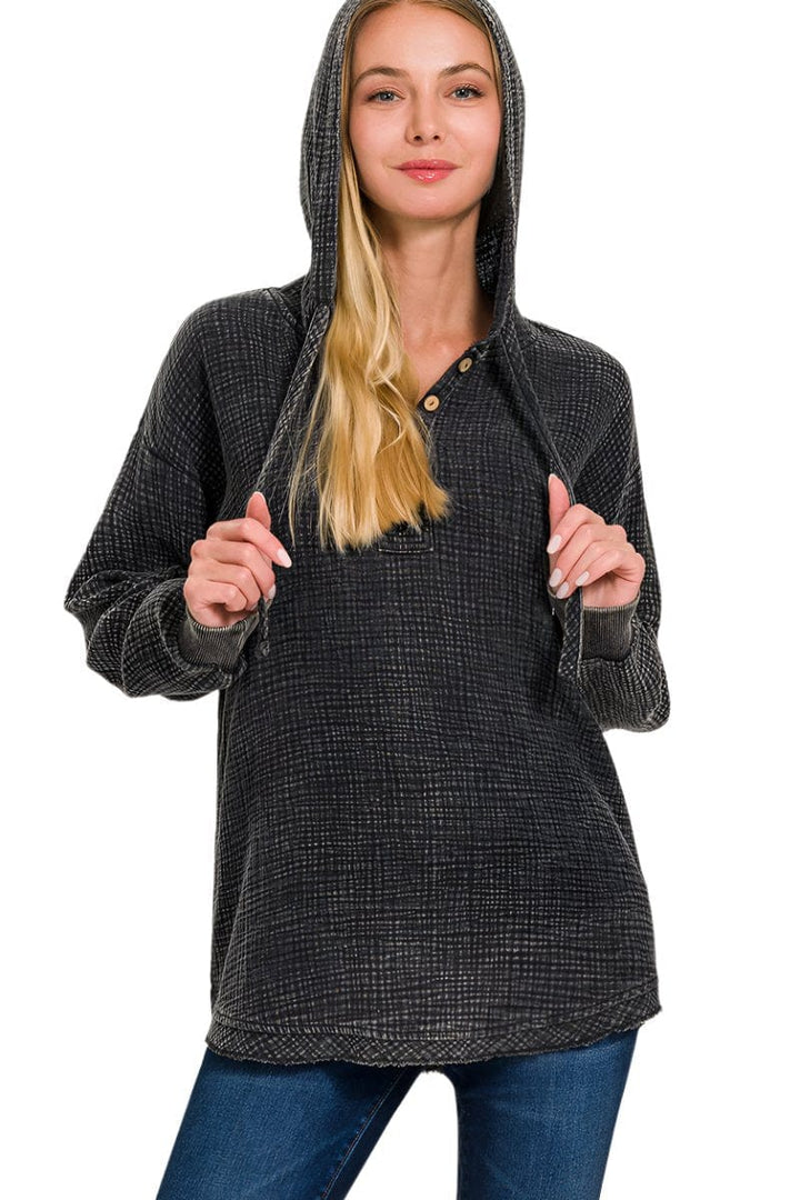 Zenana Washed Double Gauze Button Closure Hoodie