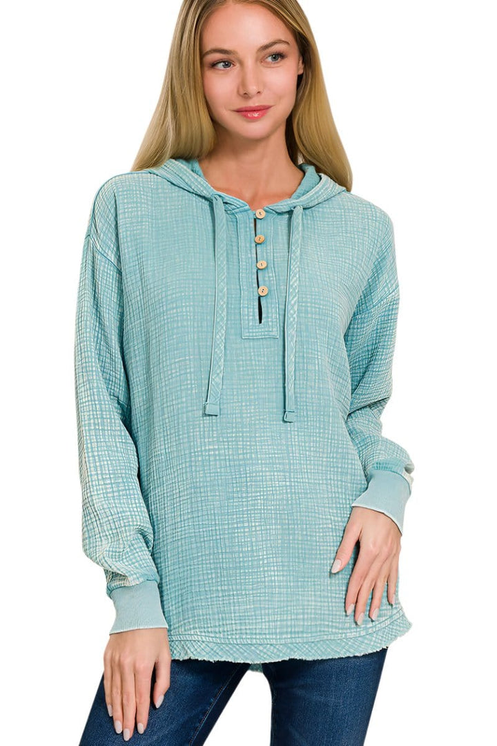 Zenana Washed Double Gauze Button Closure Hoodie