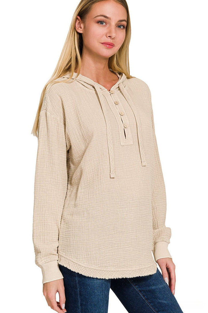 Zenana Washed Double Gauze Button Closure Hoodie