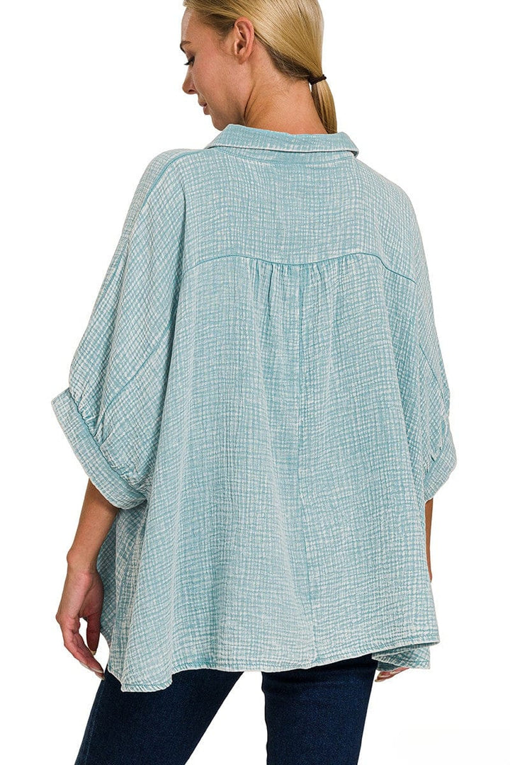 Zenana Washed Double Gauze Button Down Half Sleeve Shirt