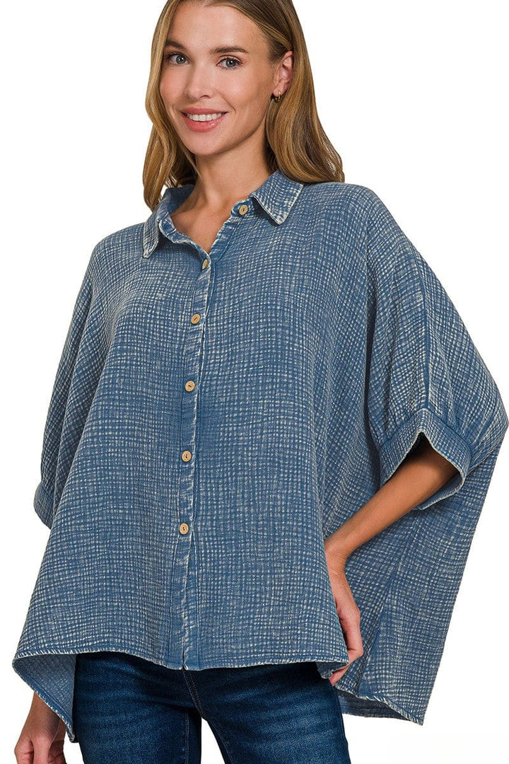 Zenana Washed Double Gauze Button Down Half Sleeve Shirt
