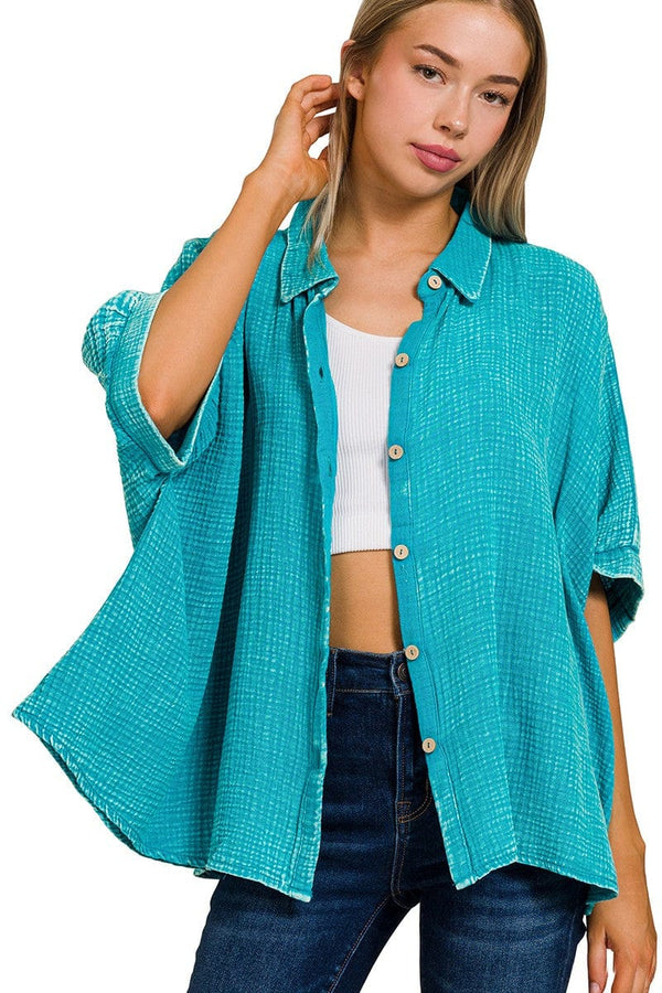 Zenana Washed Double Gauze Button Down Half Sleeve Shirt