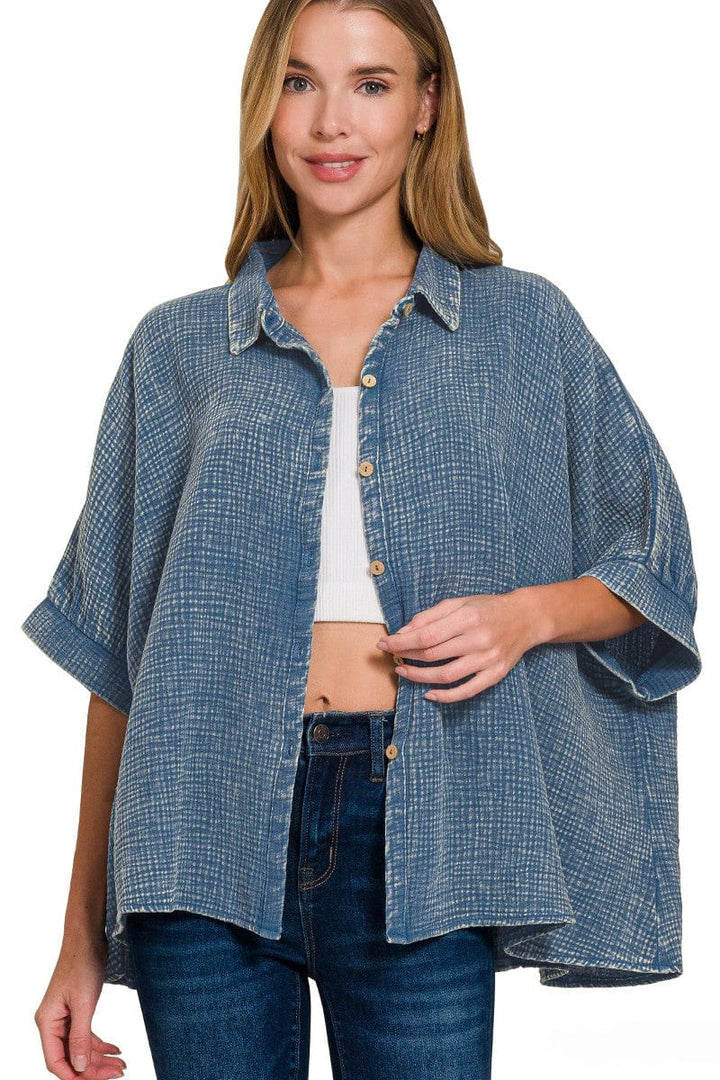 Zenana Washed Double Gauze Button Down Half Sleeve Shirt