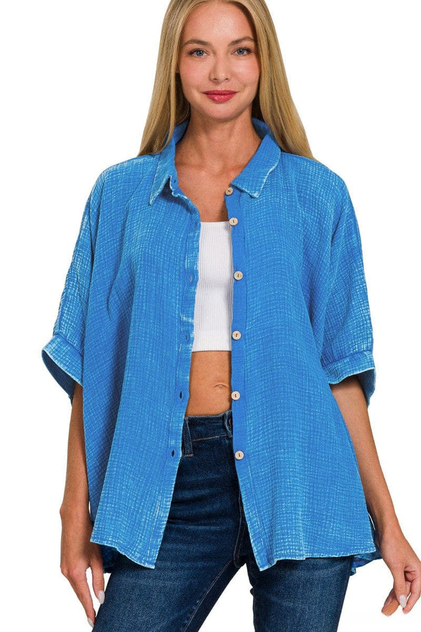 Zenana Washed Double Gauze Button Down Half Sleeve Shirt