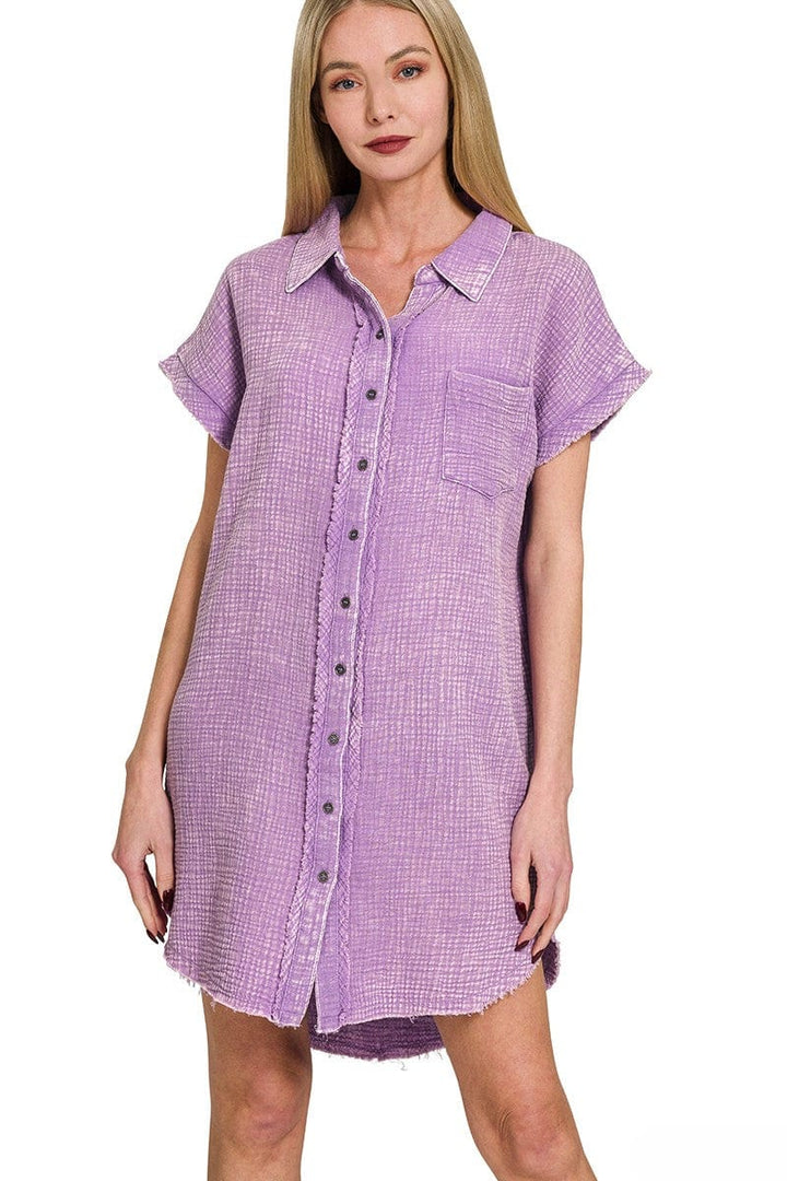 Zenana Washed Double Gauze Button Down Shirt Dress