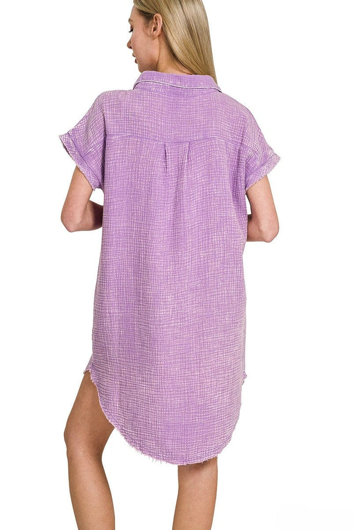 Zenana Washed Double Gauze Button Down Shirt Dress