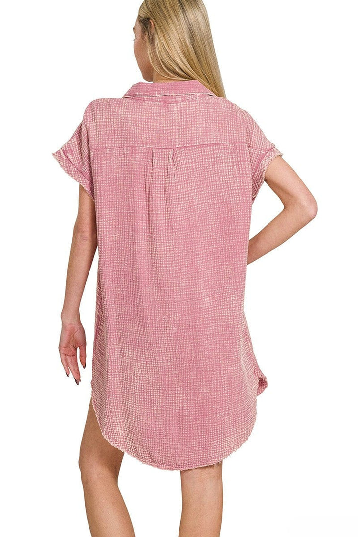 Zenana Washed Double Gauze Button Down Shirt Dress