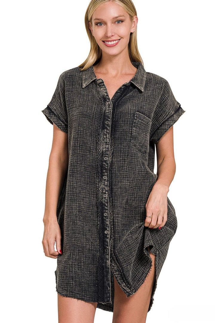 Zenana Washed Double Gauze Button Down Shirt Dress