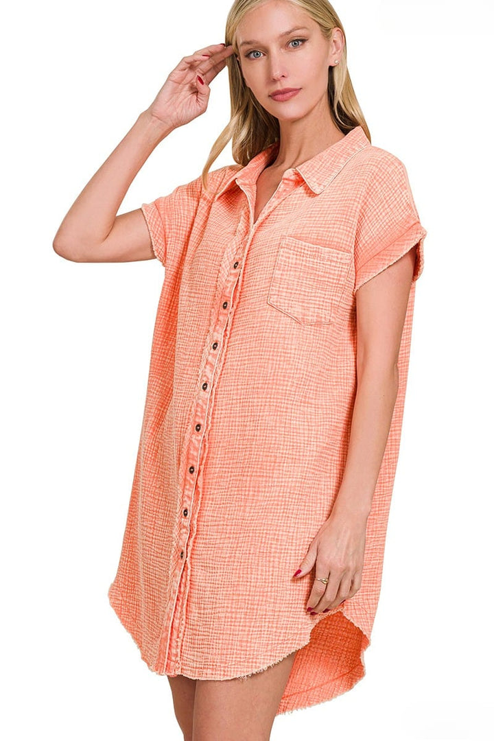 Zenana Washed Double Gauze Button Down Shirt Dress