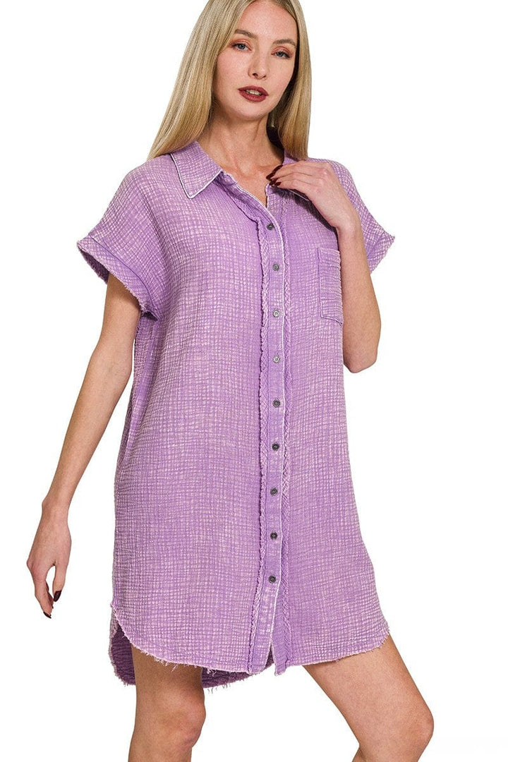 Zenana Washed Double Gauze Button Down Shirt Dress