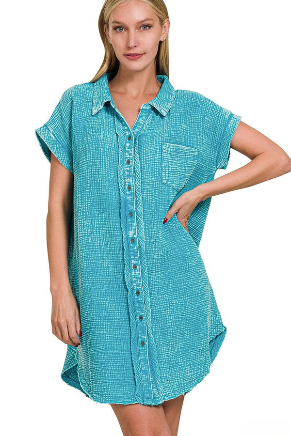 Zenana Washed Double Gauze Button Down Shirt Dress