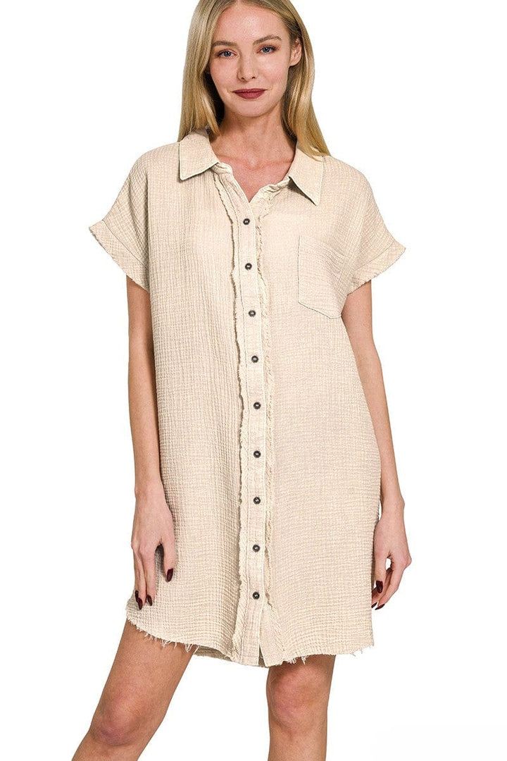 Zenana Washed Double Gauze Button Down Shirt Dress