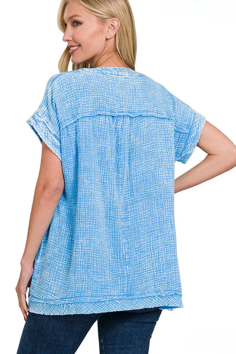 Zenana Washed Double Gauze Raw Edge Short Sleeve Shirt