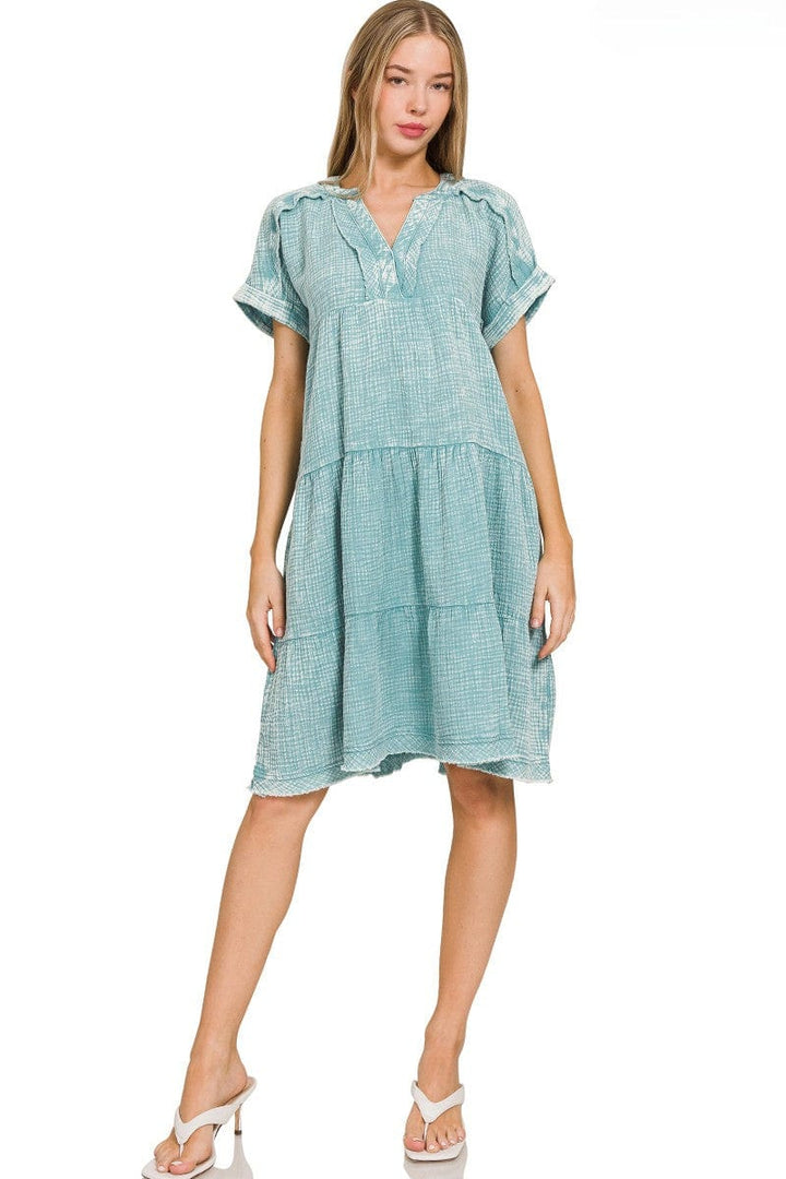Zenana Washed Double Gauze Raw Edge V-Neck Dress