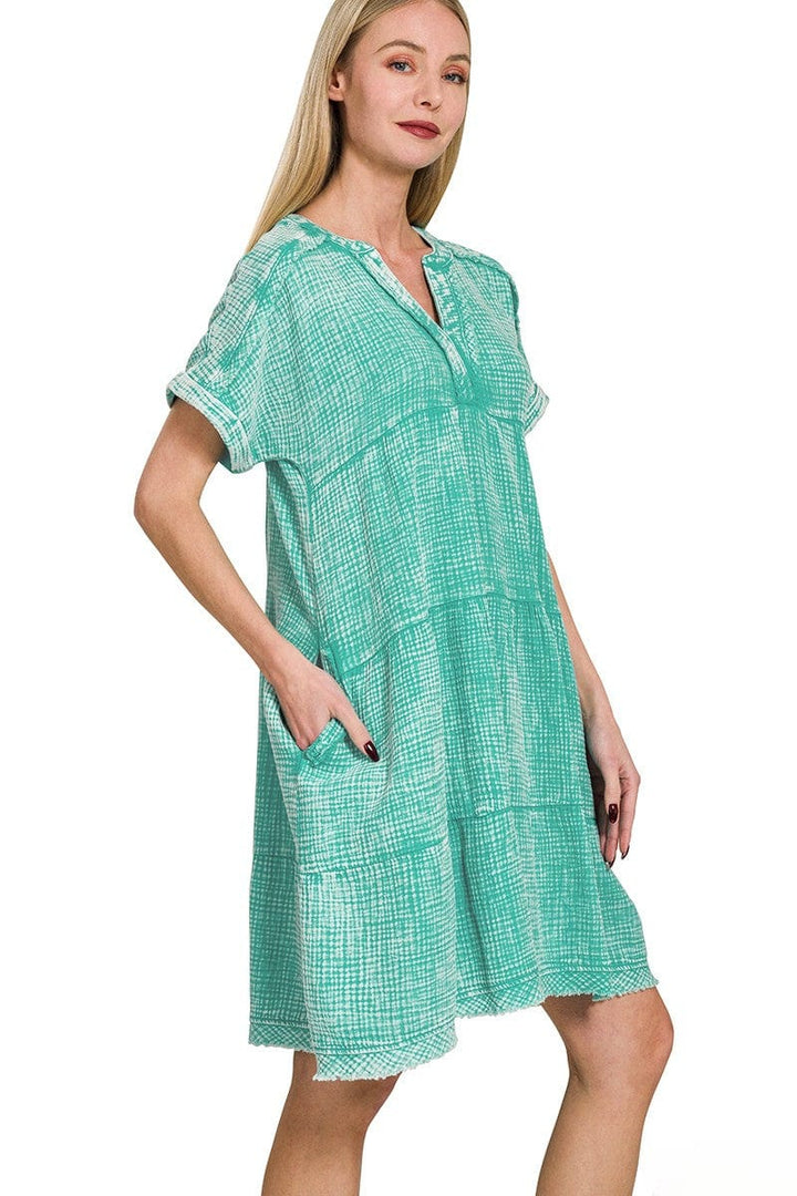 Zenana Washed Double Gauze Raw Edge V-Neck Dress