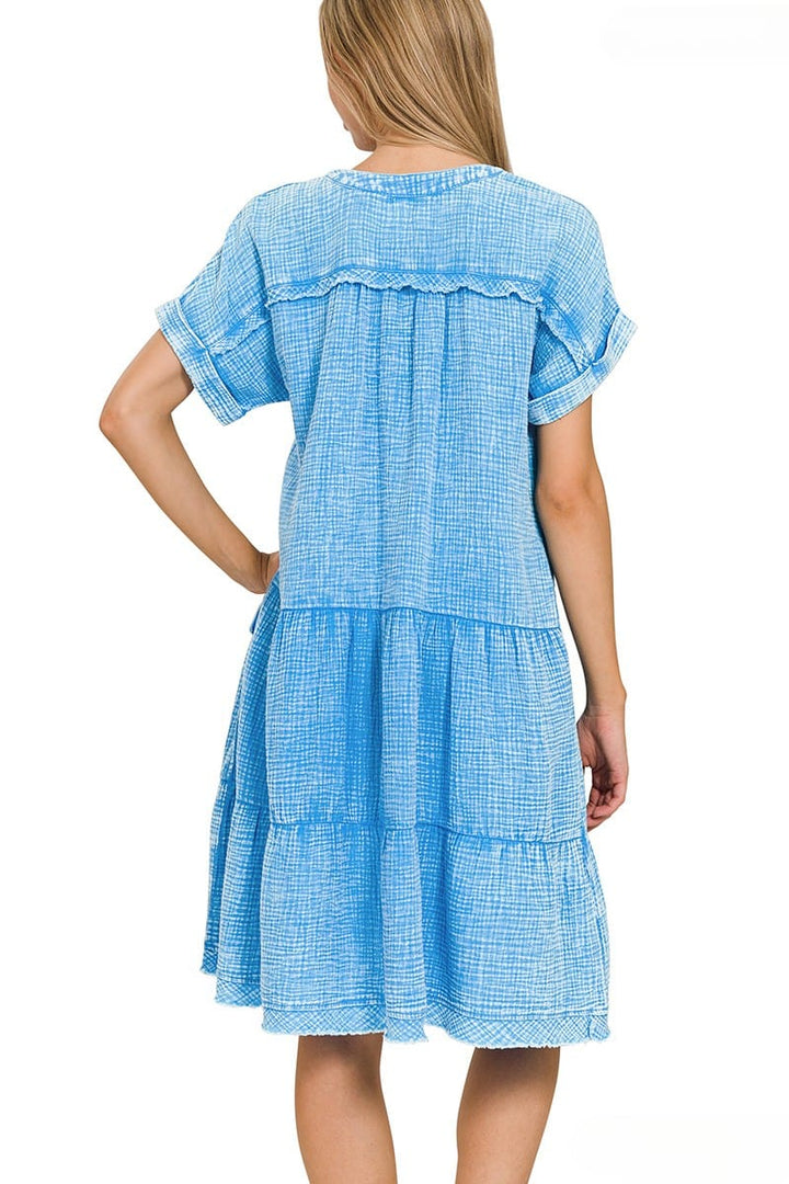 Zenana Washed Double Gauze Raw Edge V-Neck Dress