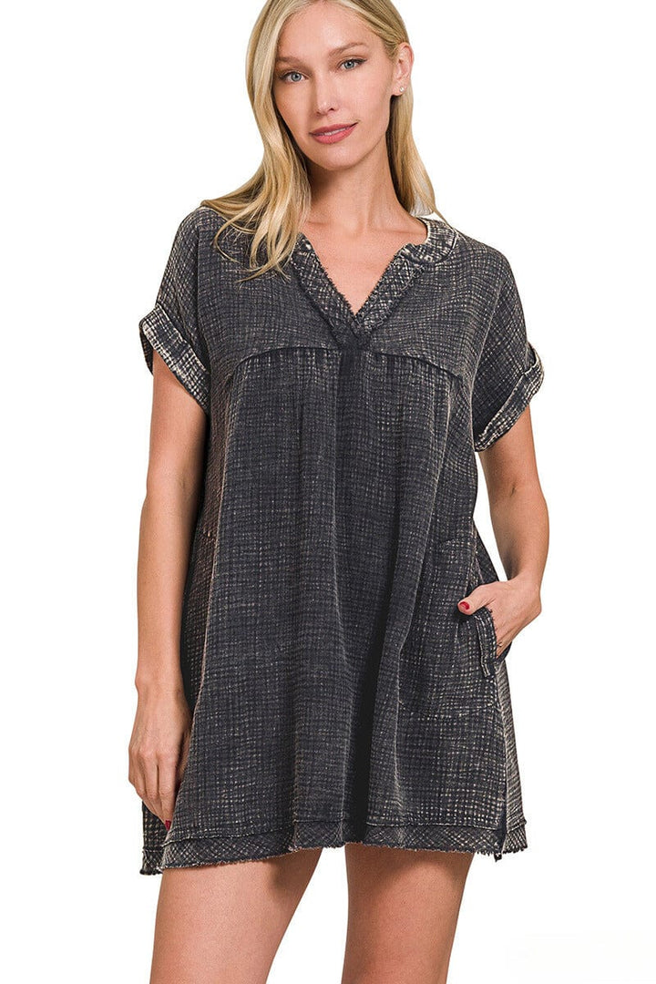 Zenana Washed Double Gauze Raw Edge V-Neck Dress