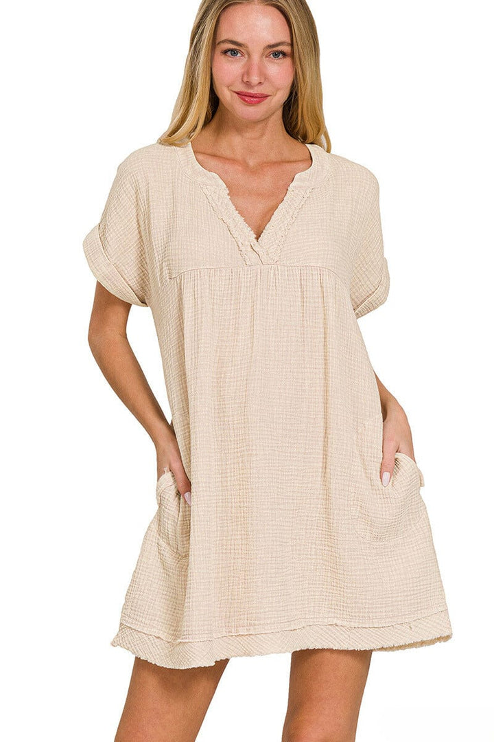 Zenana Washed Double Gauze Raw Edge V-Neck Dress