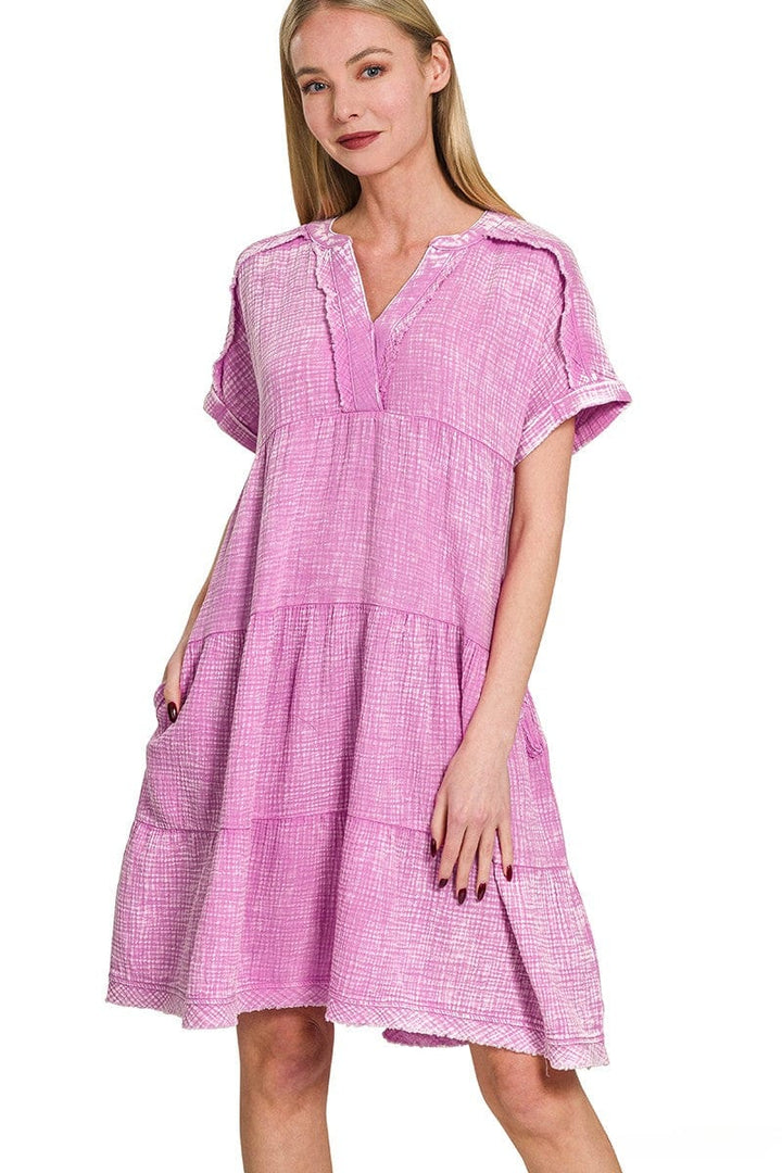 Zenana Washed Double Gauze Raw Edge V-Neck Dress