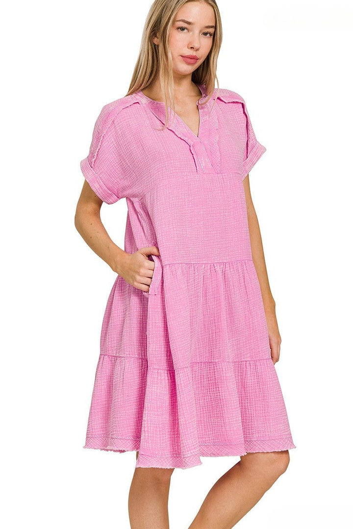 Zenana Washed Double Gauze Raw Edge V-Neck Dress