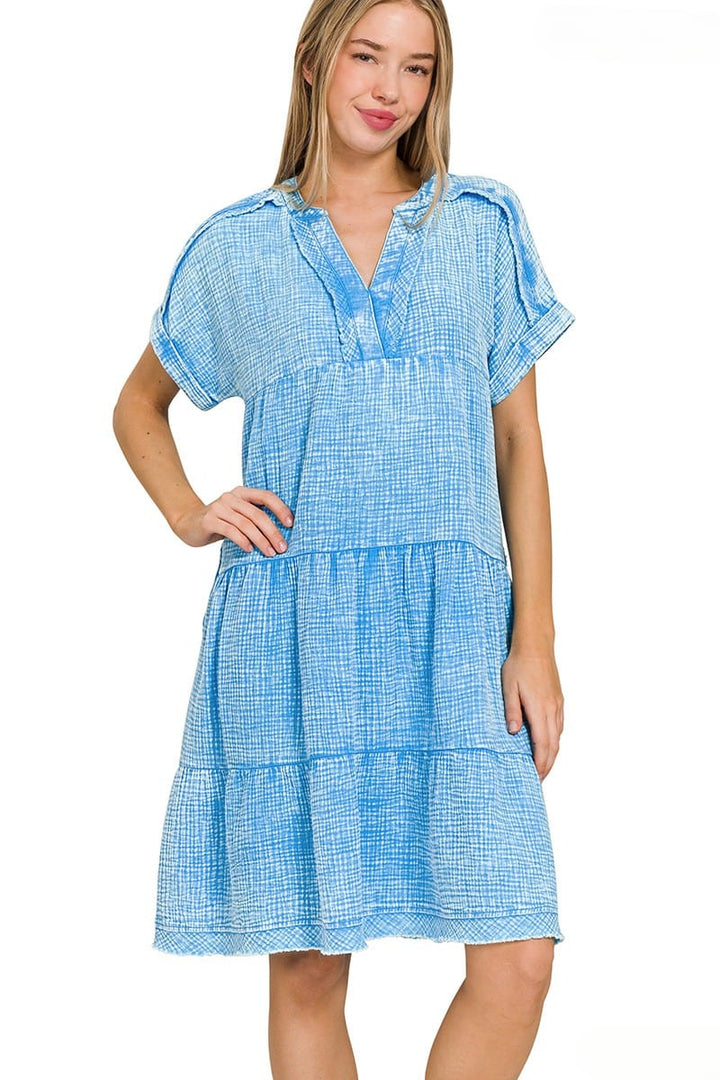 Zenana Washed Double Gauze Raw Edge V-Neck Dress