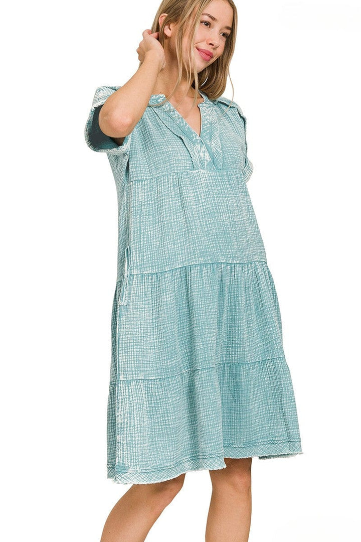 Zenana Washed Double Gauze Raw Edge V-Neck Dress