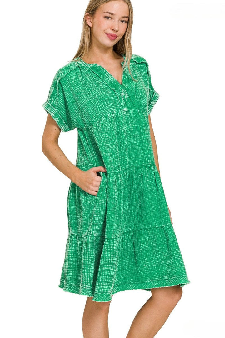 Zenana Washed Double Gauze Raw Edge V-Neck Dress