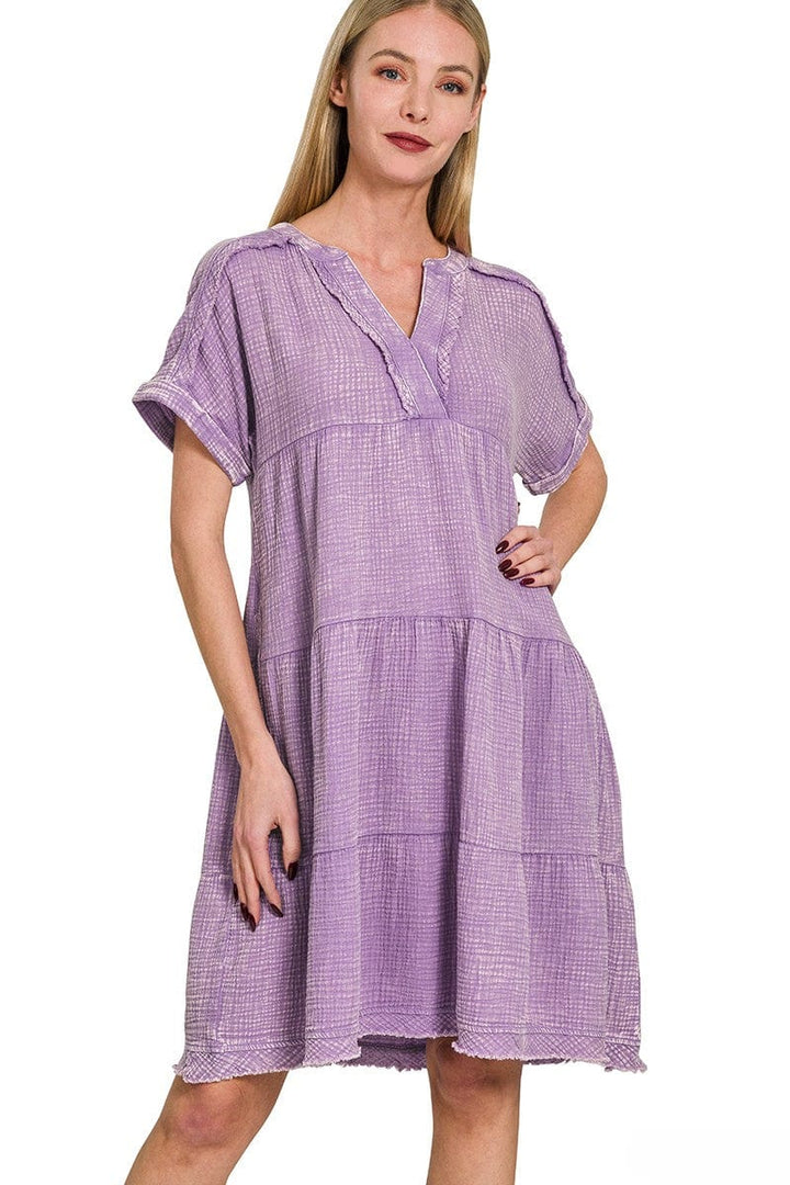 Zenana Washed Double Gauze Raw Edge V-Neck Dress