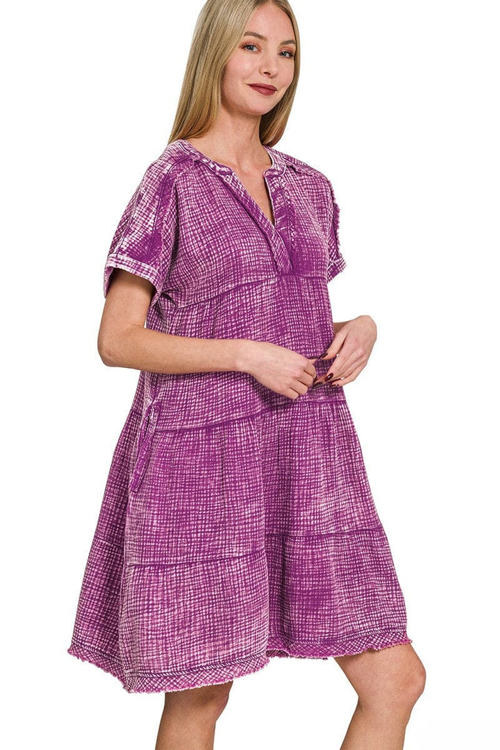 Zenana Washed Double Gauze Raw Edge V-Neck Dress