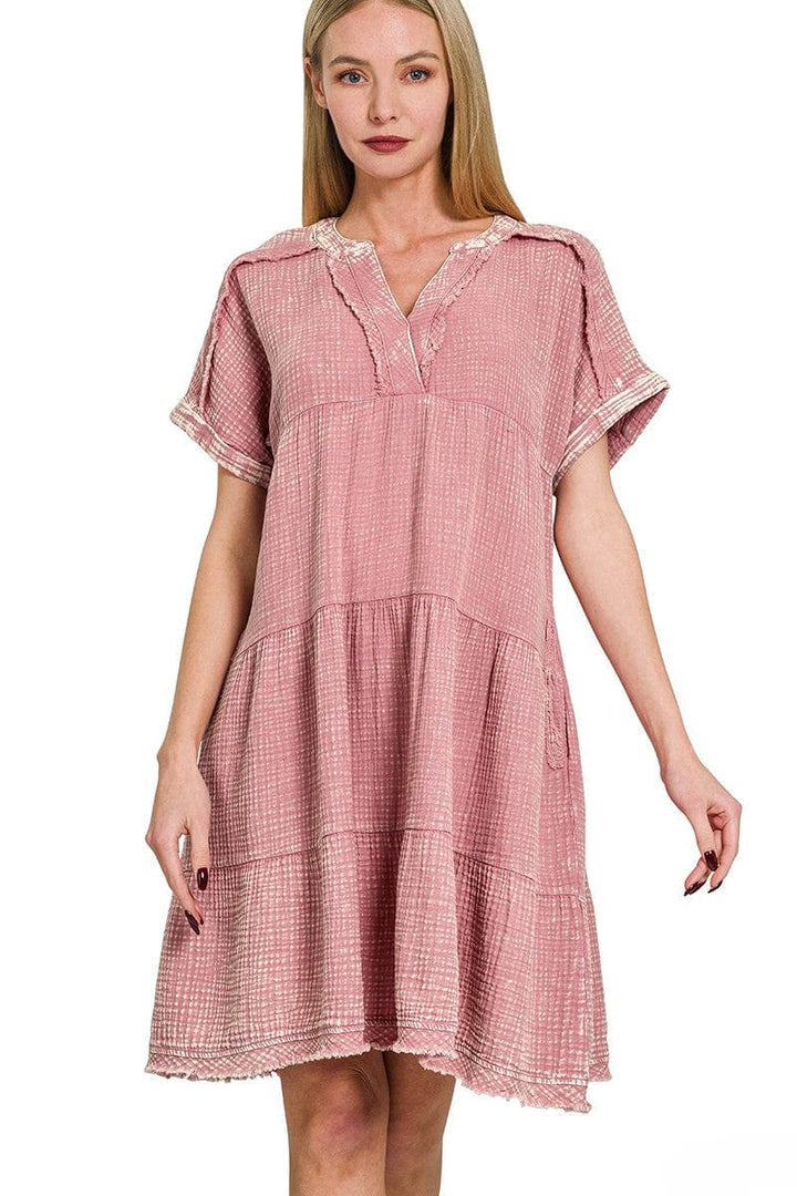 Zenana Washed Double Gauze Raw Edge V-Neck Dress