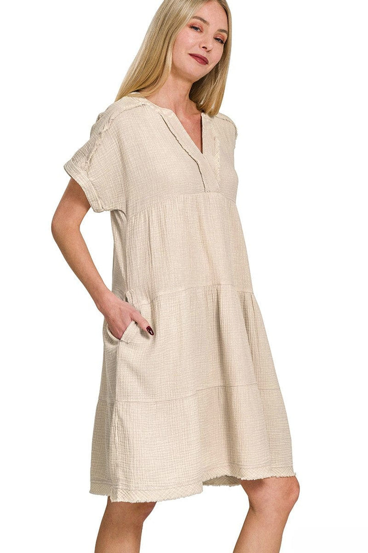 Zenana Washed Double Gauze Raw Edge V-Neck Dress