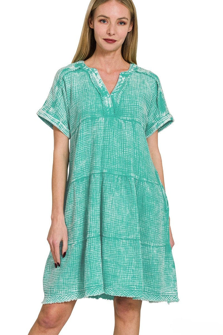 Zenana Washed Double Gauze Raw Edge V-Neck Dress