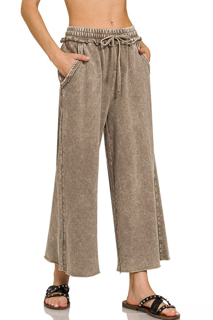Zenana Washed French Terry Palazzo Pants with Pockets