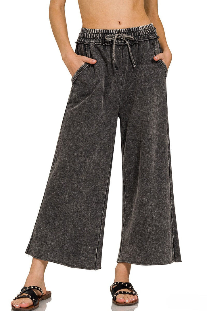 Zenana Washed French Terry Palazzo Pants with Pockets