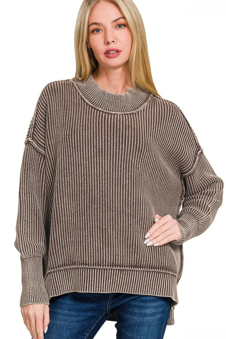 Zenana Washed Full Length Side Slit Oversized Sweater