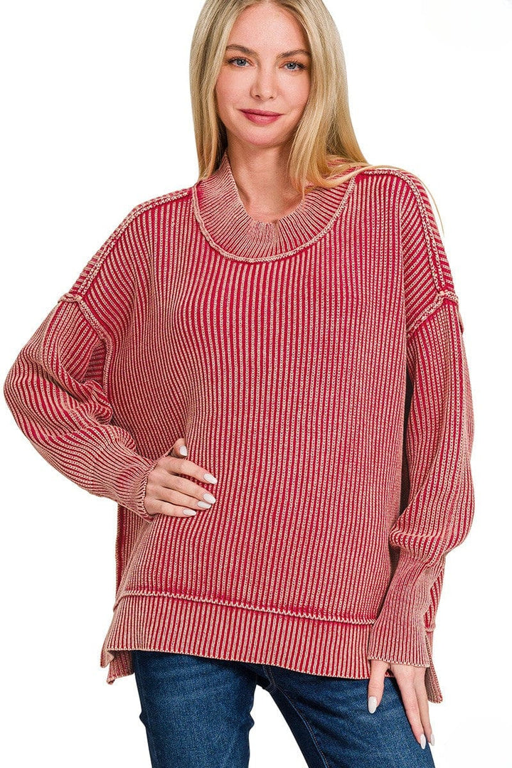 Zenana Washed Full Length Side Slit Oversized Sweater