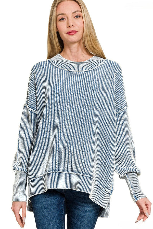 Zenana Washed Full Length Side Slit Oversized Sweater