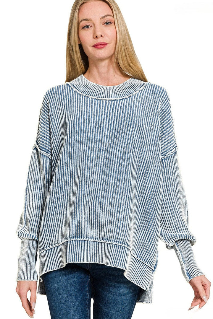Zenana Washed Full Length Side Slit Oversized Sweater