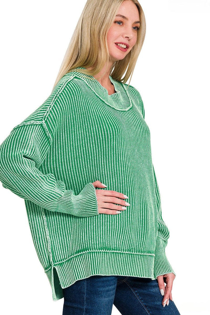 Zenana Washed Full Length Side Slit Oversized Sweater