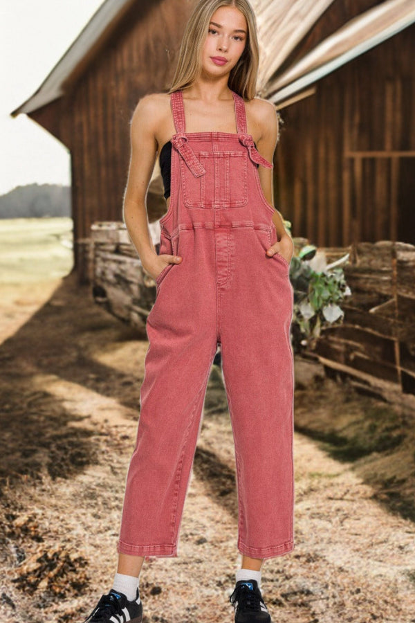 Zenana Washed Knot Strap Relaxed Fit Overalls