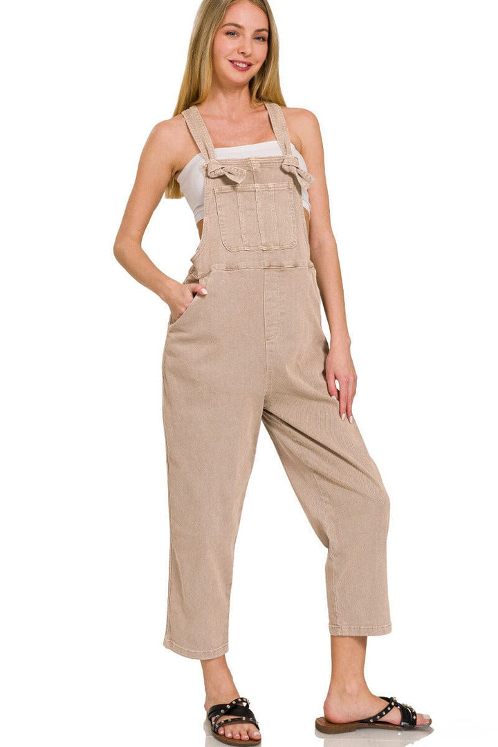 Zenana Washed Knot Strap Relaxed Fit Overalls