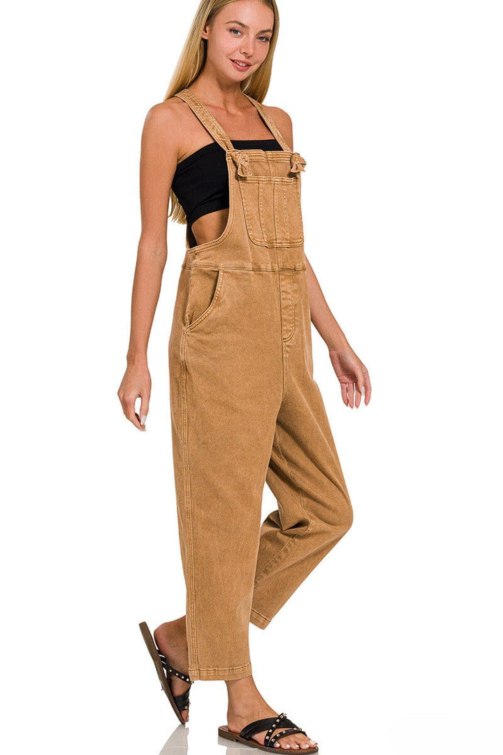 Zenana Washed Knot Strap Relaxed Fit Overalls