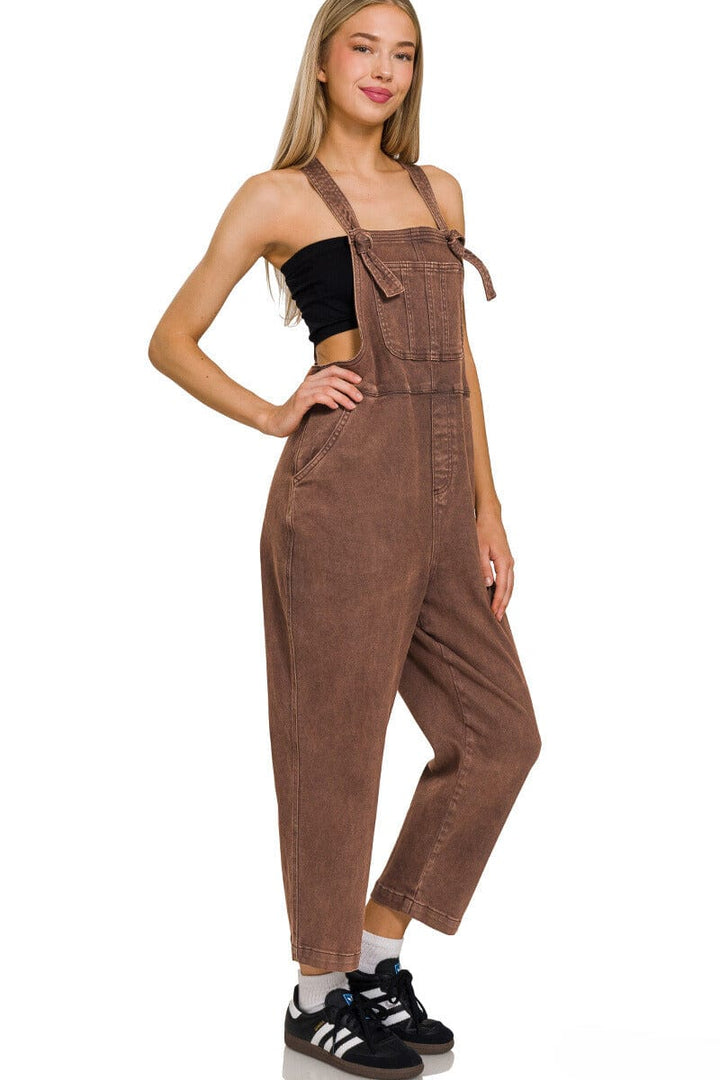 Zenana Washed Knot Strap Relaxed Fit Overalls