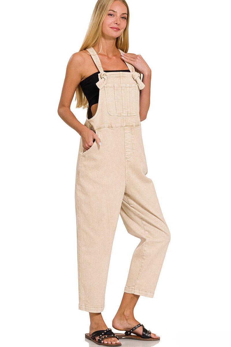 Zenana Washed Knot Strap Relaxed Fit Overalls